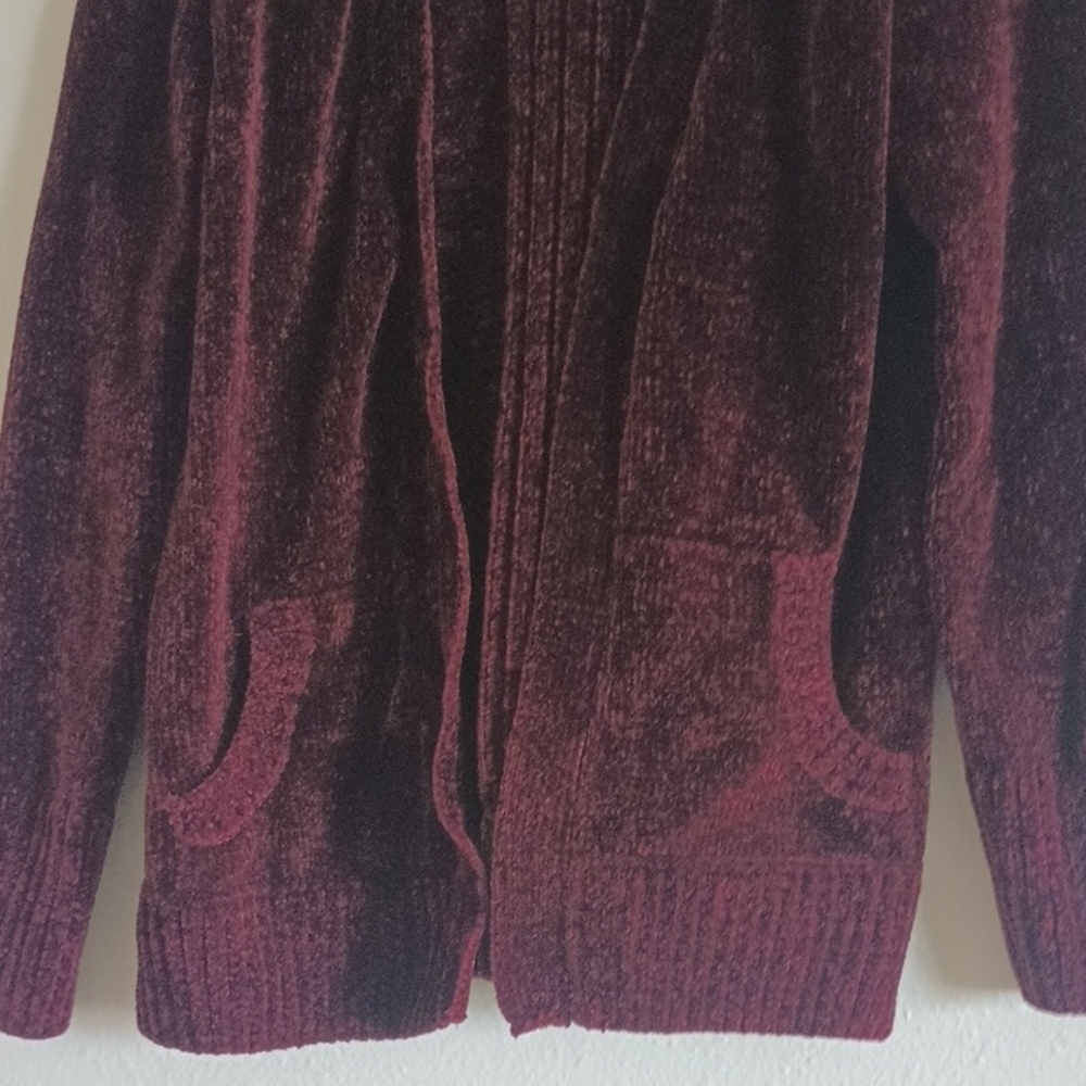 Mudd Y2K Burgundy Velvet Sweater Cardigan Women's Size Small Front Pockets Cozy - Picture 6 of 7